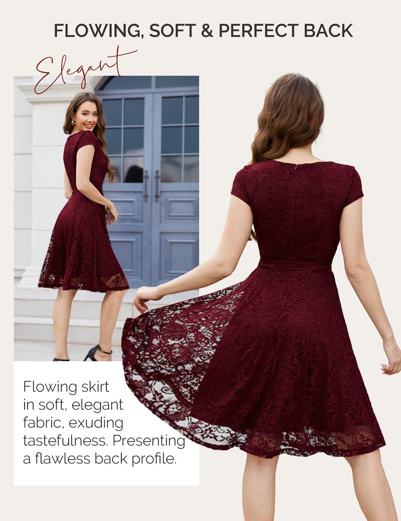 MUADRESS Women Cap-Sleeve Lace Floral Elegant Cocktail Dress Crew Neck Knee Length Bridesmaid Prom Dresses for Party Burgundy 2XL - Image 4